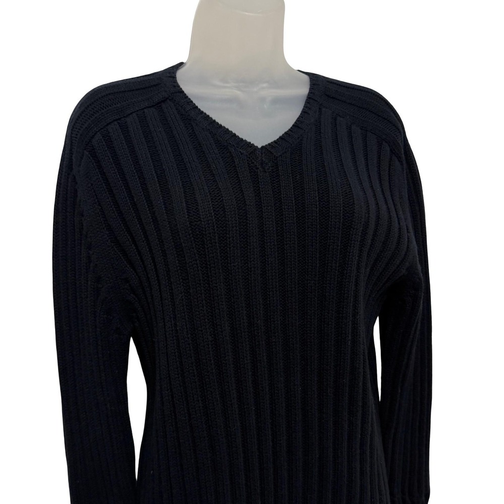 Vintage DKNY Sweater‎ Womens XL Black Cotton Rib Knit V Neck 90s Minimalist Y2K
